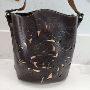 Patricia Nash Lavello Tooled Espresso Brown Gold Leather Tote Shoulder Bag